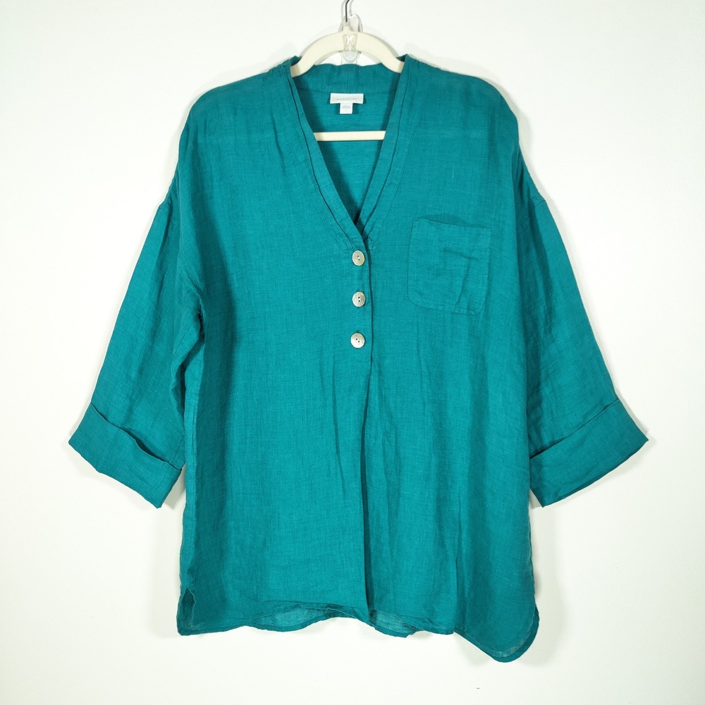 Pure Jill Linen Teal 100% Linen Tunic Top Large Coastal Relaxed Lagenlook